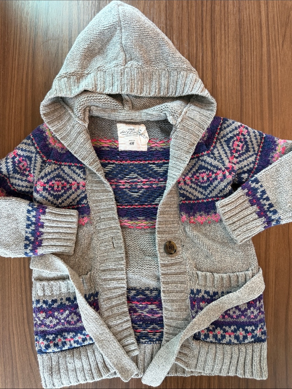 H&M Gray Hooded Cardigan with Purple & Pink Fair Isle Accents